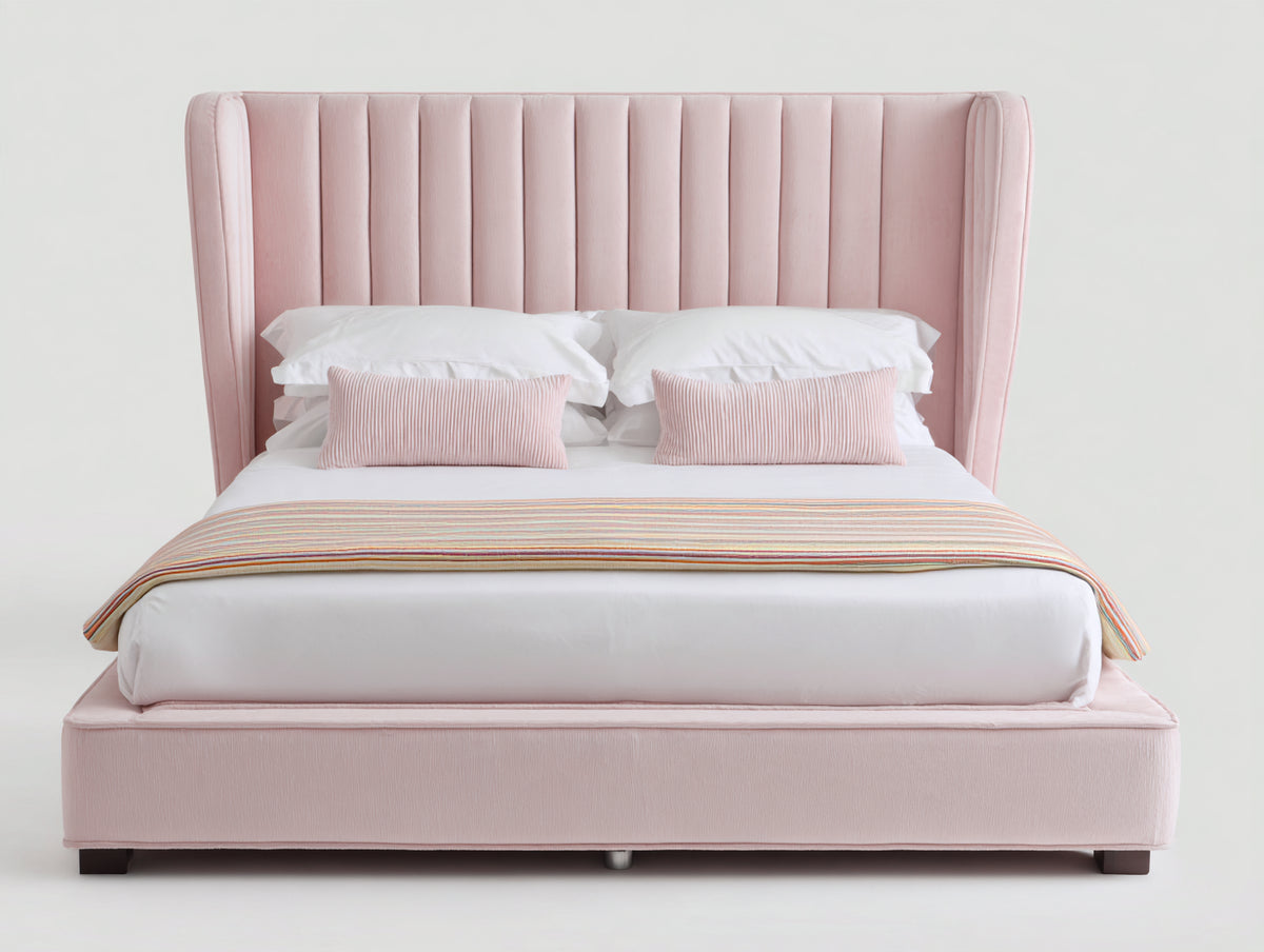 Lit double - Velours - 224 x 190 x 132 cm - Rose poudré - Style moderne