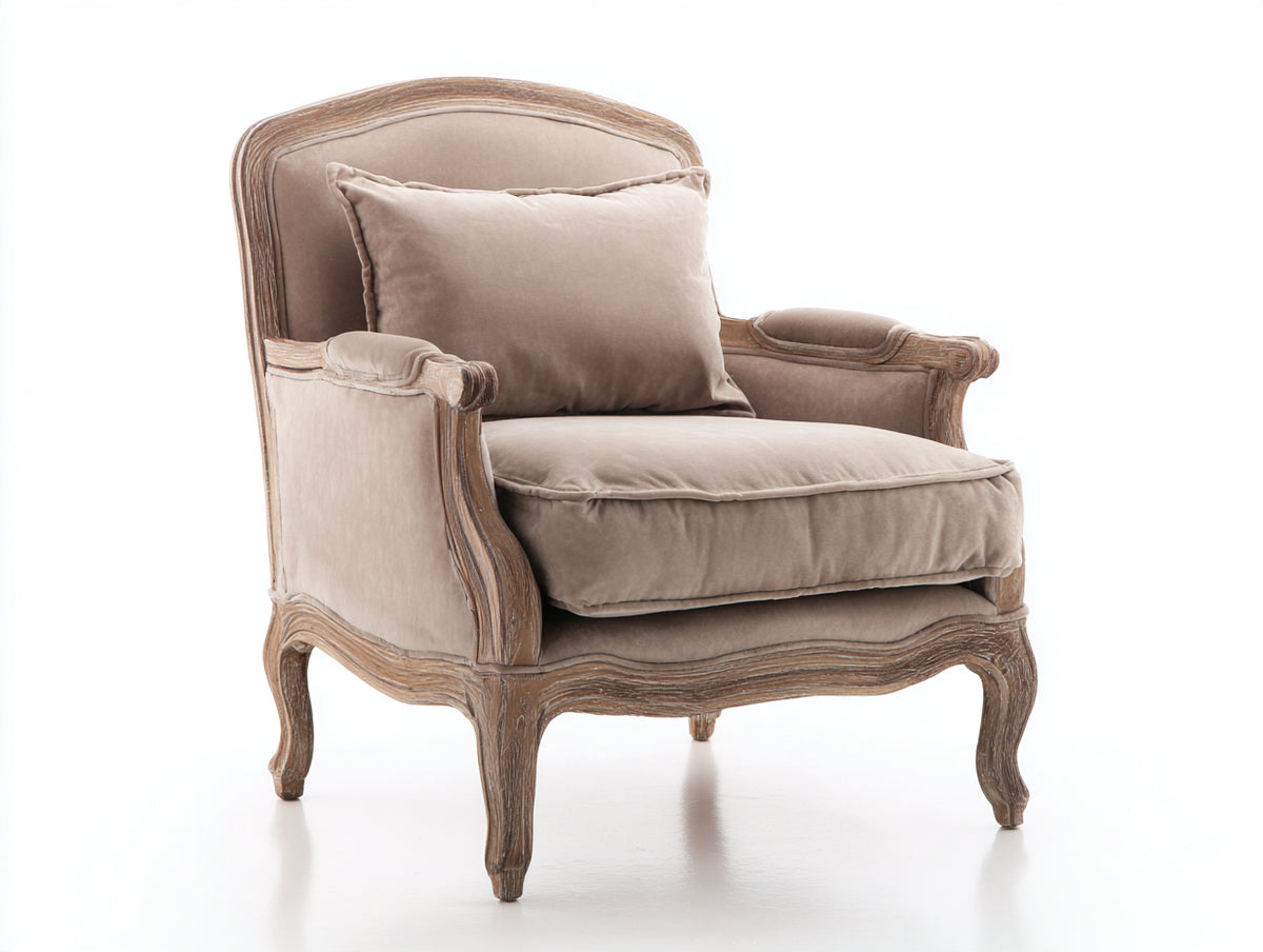 Fauteuil - Tissu-Bois - 89 x 83 x 102 cm - Beige taupe-Bois naturel - Style classique français