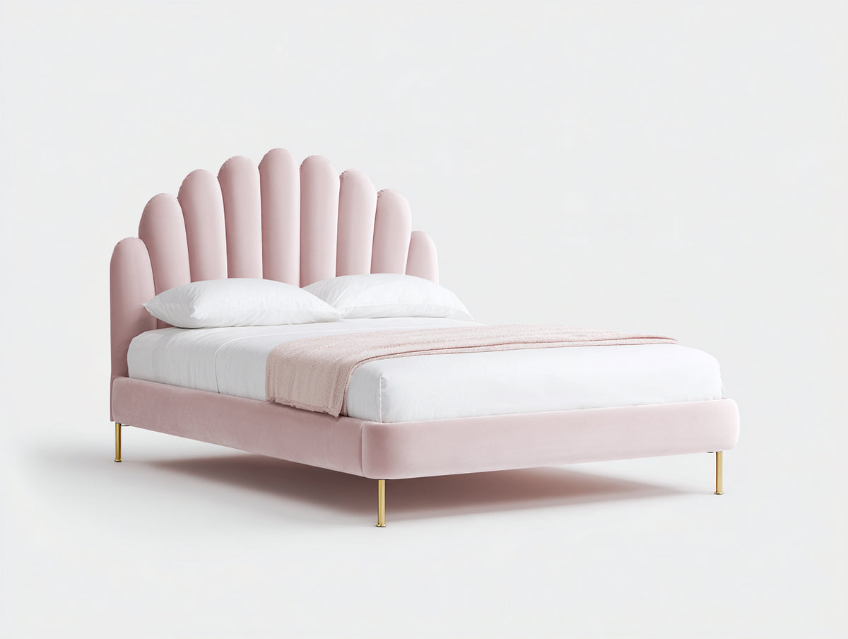 Lit double - Velours - 215 x 176 x 127 cm - Rose poudré - Style moderne