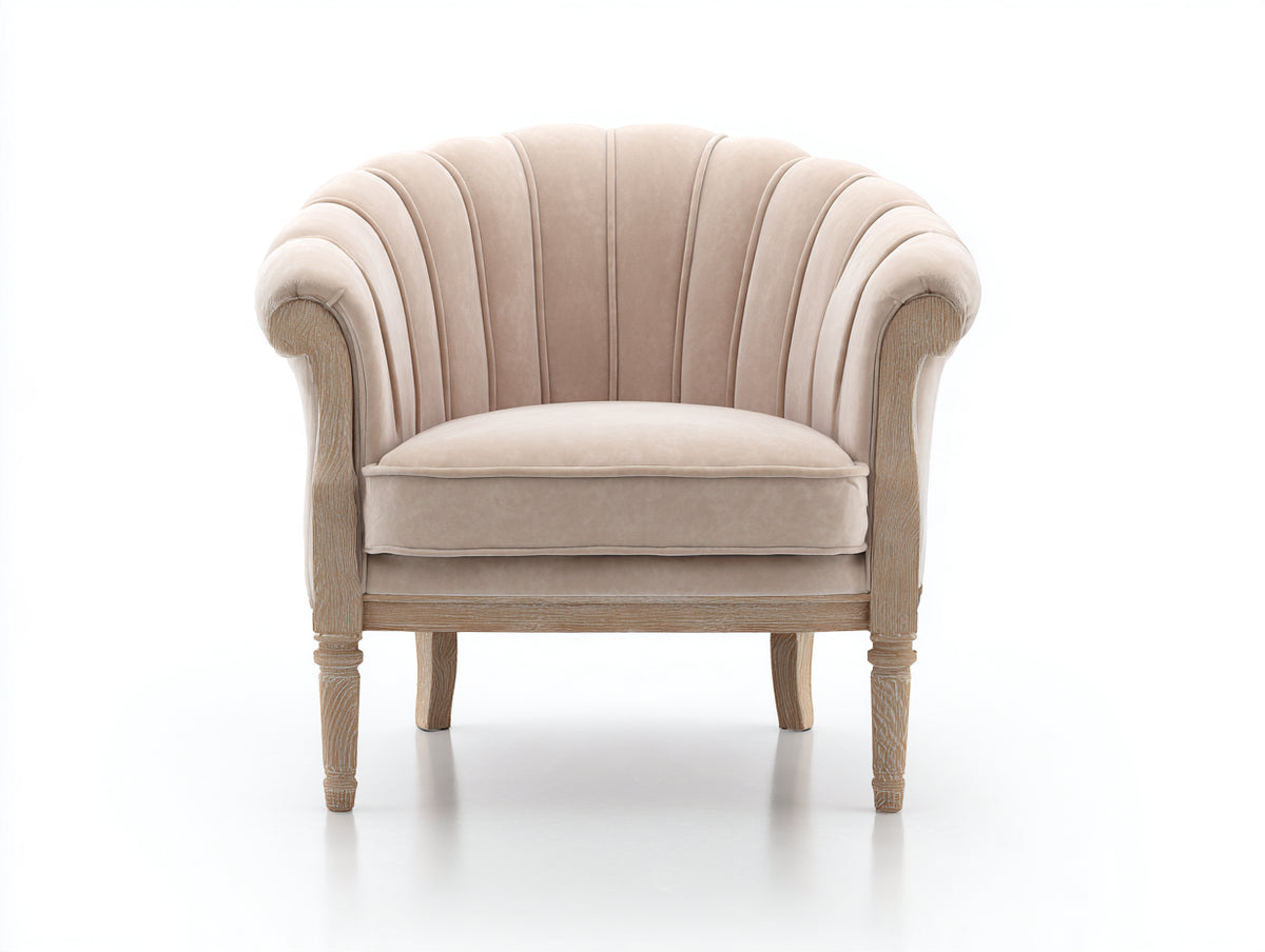 Fauteuil - Velours-Bois - 90 x 84 x 96 cm - Beige clair-Bois naturel - Style classique français