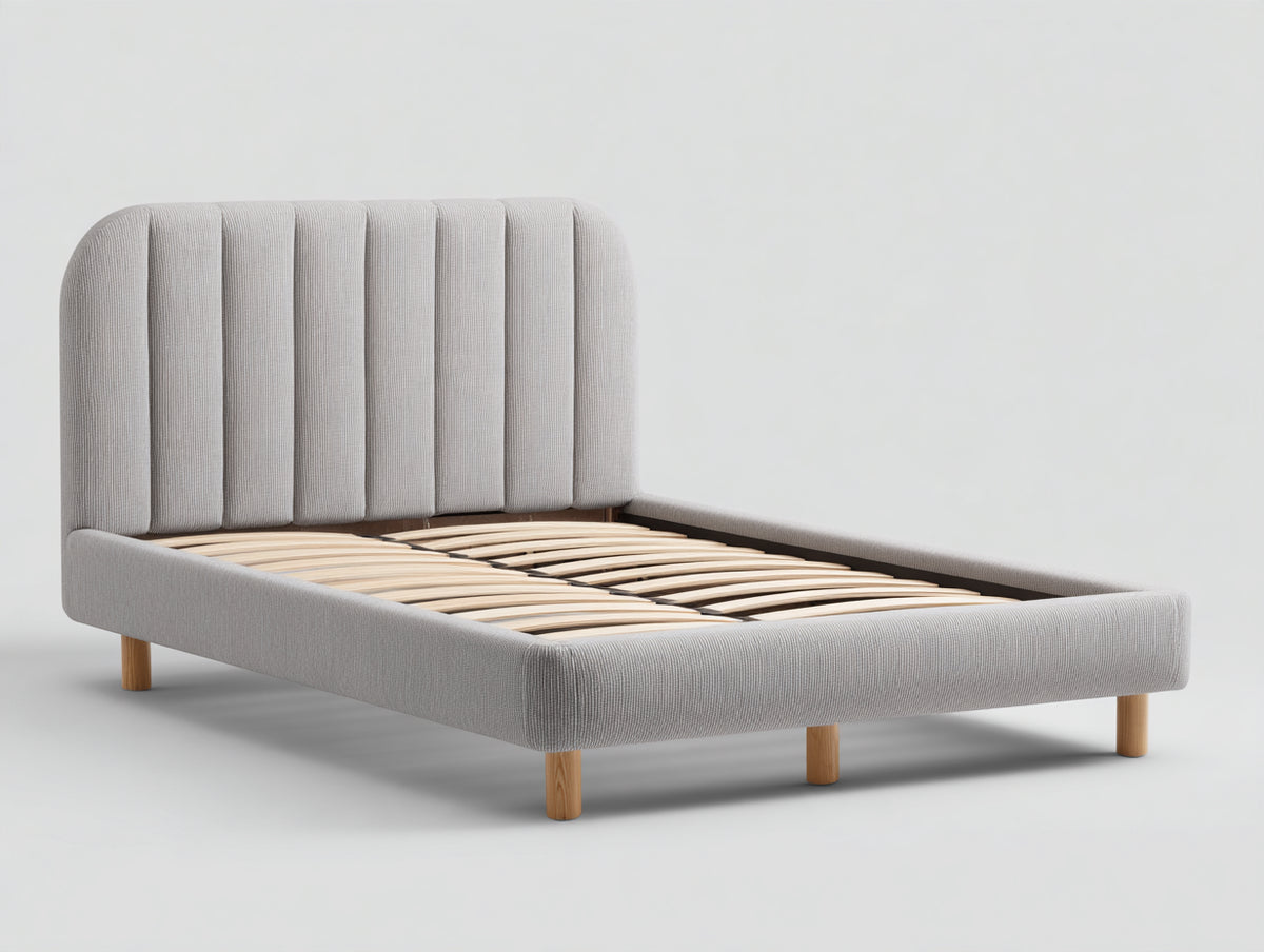 Lit double - Tissu-Bois - 213 x 174 x 120 cm - Gris clair-Bois naturel - Style contemporain