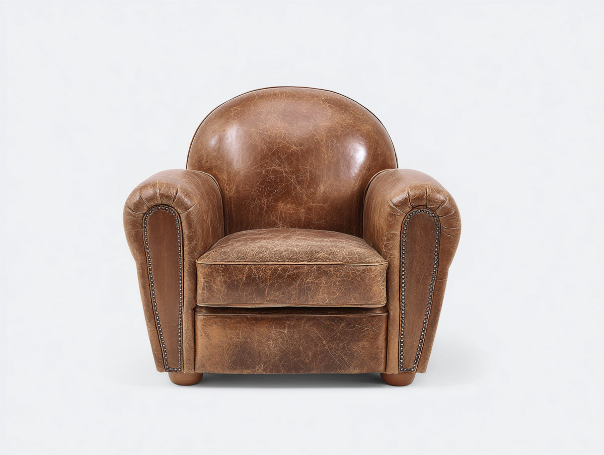 Fauteuil - Cuir-Bois - 90 x 88 x 87 cm - Marron cognac-Bois foncé - Style club classique