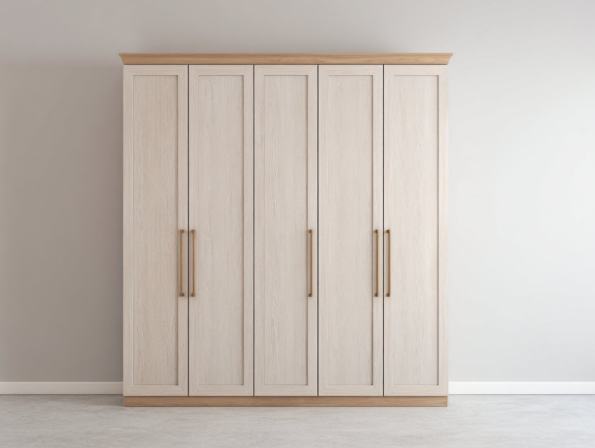 Armoire - Panneaux de bois - 218 x 58 x 210 cm - Blanc cassé-Bois naturel - Style classique contemporain