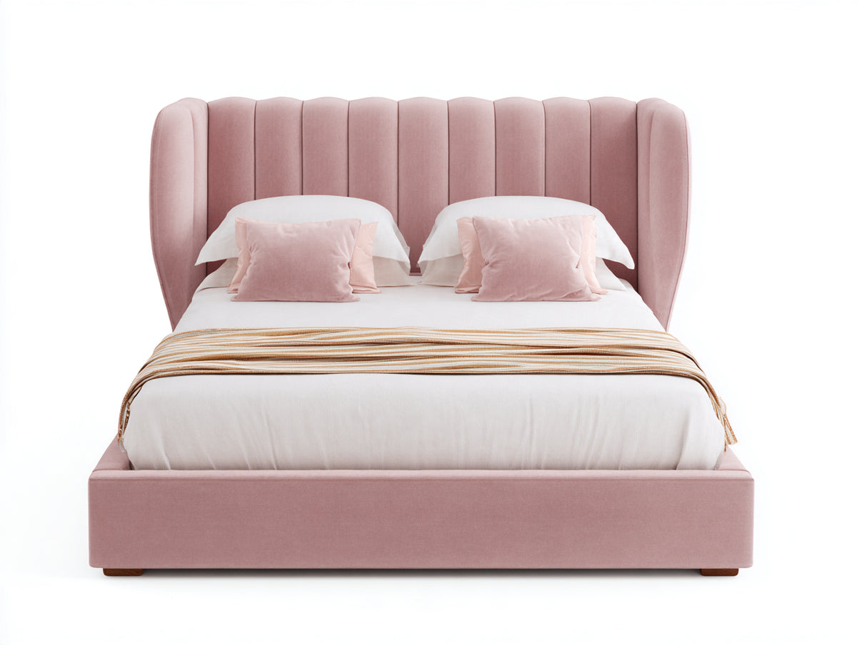Lit double - Velours - 218 x 184 x 126 cm - Vieux rose - Style contemporain