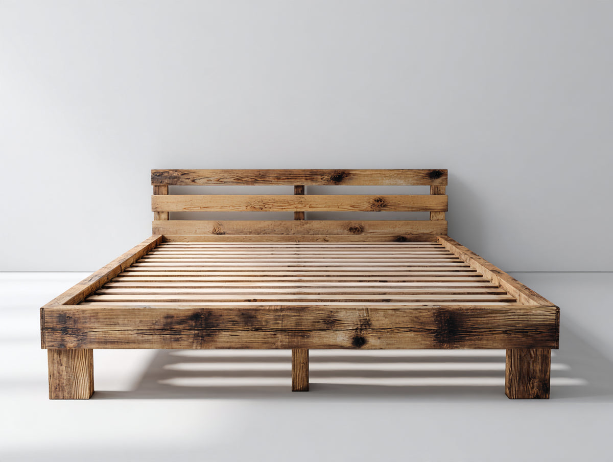 Lit double - Bois - 219 x 186 x 101 cm - Bois brun naturel - Style rustique